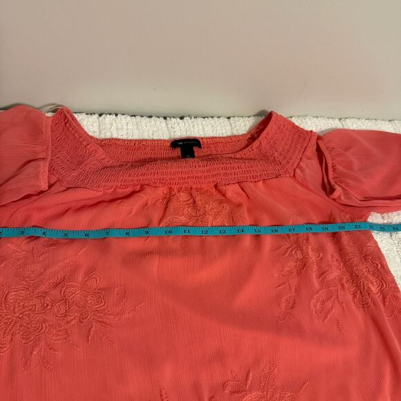 AB Studio Women Size XL Coral Blouse Top Embroidery Floral Fairy Sheer Lined - Picture 7 of 12